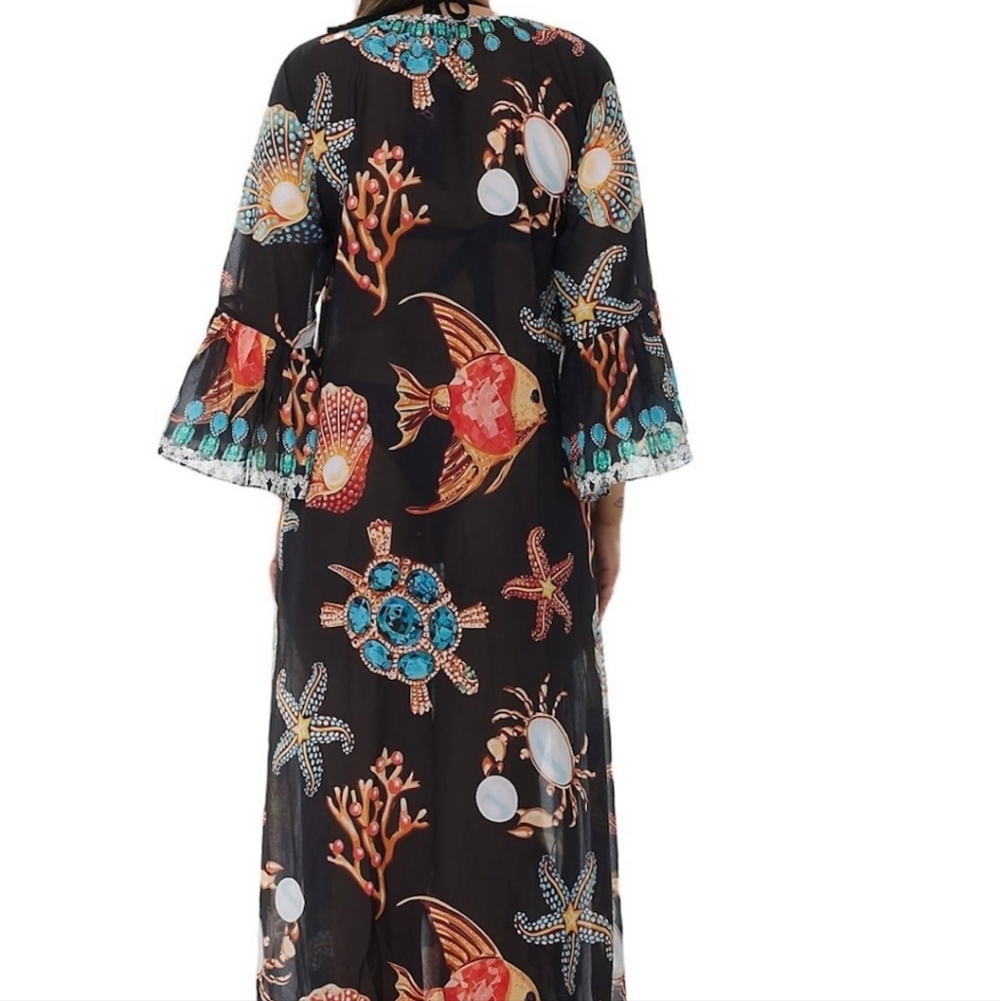 RANEES STARFISH RUFFLE DUSTER IN BLACK; One Size Fits Most,Size:Os P - Picture 2 of 12